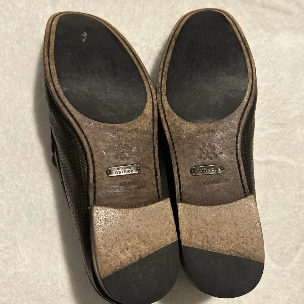 Mezlan Vesta Ostrich Leg and Woven Calfskin Moc Toe Bit Strap Loafers Brown 10.5